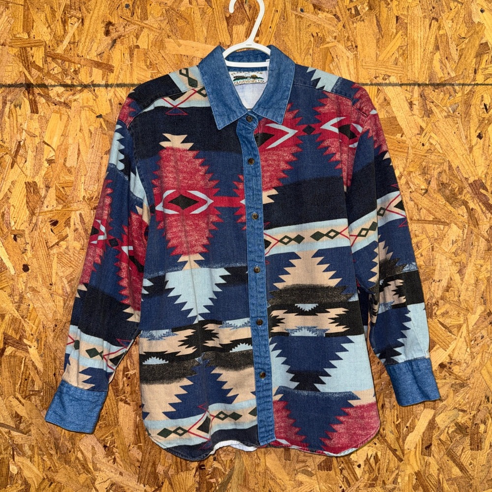VTG Aztec Denim Button Shirt Multicolor Southwestern Western‎ Rodeo Cowgirl sz M